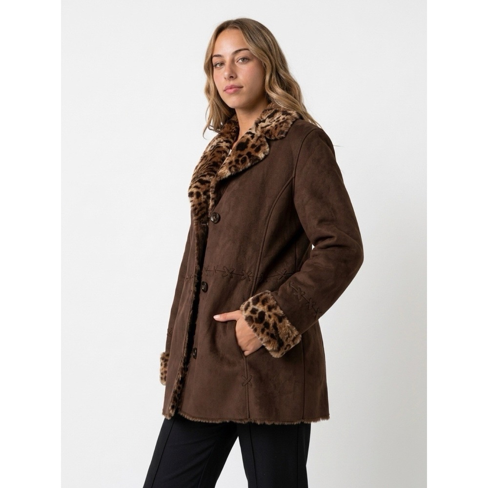 Coat Woman Vintage Brown Suede Jacket Leopard Size Small(15-b62)